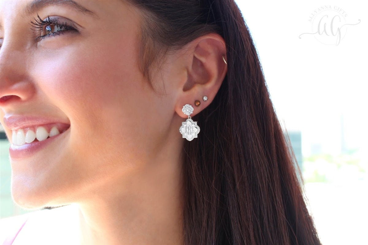 Sterling Silver Engravable Quatrefoil CZ Dangle Earrings - Allyanna GiftsMONOGRAM + ENGRAVING