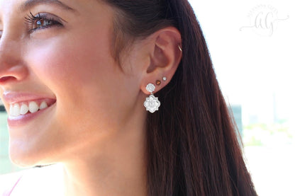 Sterling Silver Engravable Quatrefoil CZ Dangle Earrings - Allyanna GiftsMONOGRAM + ENGRAVING