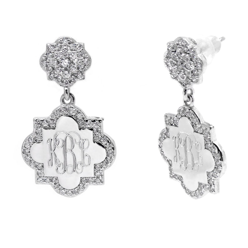Sterling Silver Engravable Quatrefoil CZ Dangle Earrings - Allyanna GiftsMONOGRAM + ENGRAVING