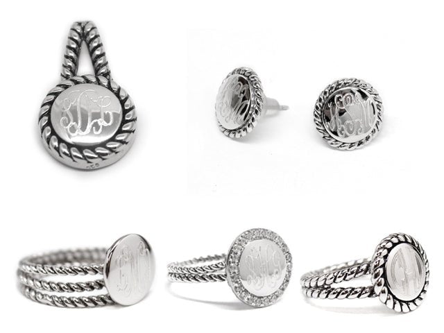 Sterling Silver Engravable Rope Earrings, Pendant, and Ring Set - Allyanna GiftsMONOGRAM + ENGRAVING