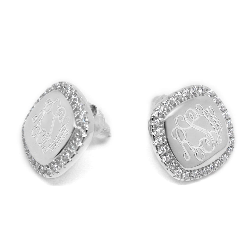 Sterling Silver Engravable Soft Square CZ Earrings - Allyanna GiftsMONOGRAM + ENGRAVING