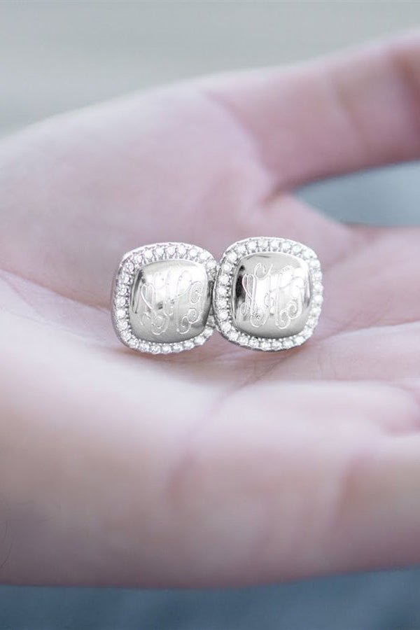Sterling Silver Engravable Soft Square CZ Earrings - Allyanna GiftsMONOGRAM + ENGRAVING