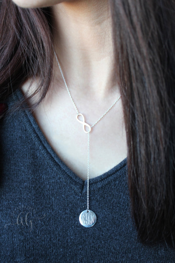 Sterling Silver Engraved Infinity Drop Necklace - Allyanna GiftsMONOGRAM + ENGRAVING
