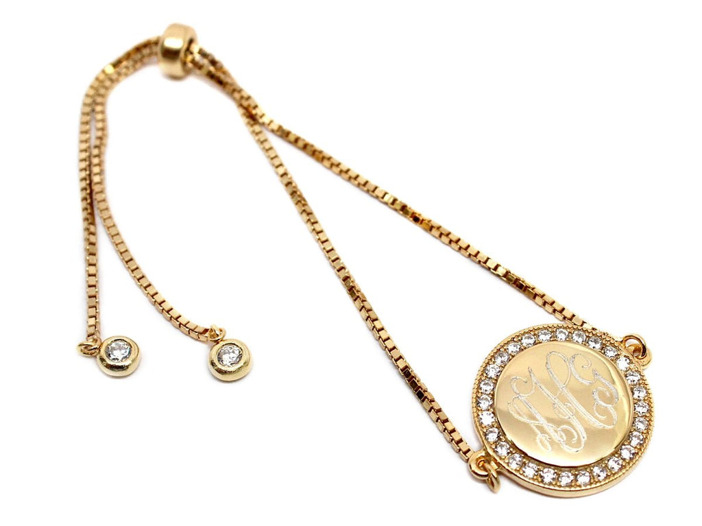 Sterling Silver Gold Circle Engravable CZ Tassel Bracelet - Allyanna GiftsMONOGRAM + ENGRAVING