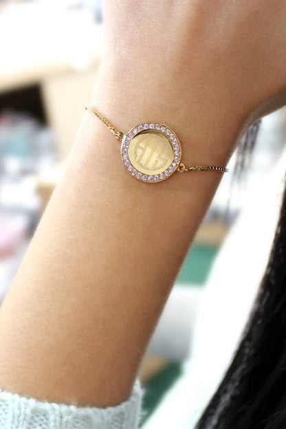 Sterling Silver Gold Circle Engravable CZ Tassel Bracelet - Allyanna GiftsMONOGRAM + ENGRAVING