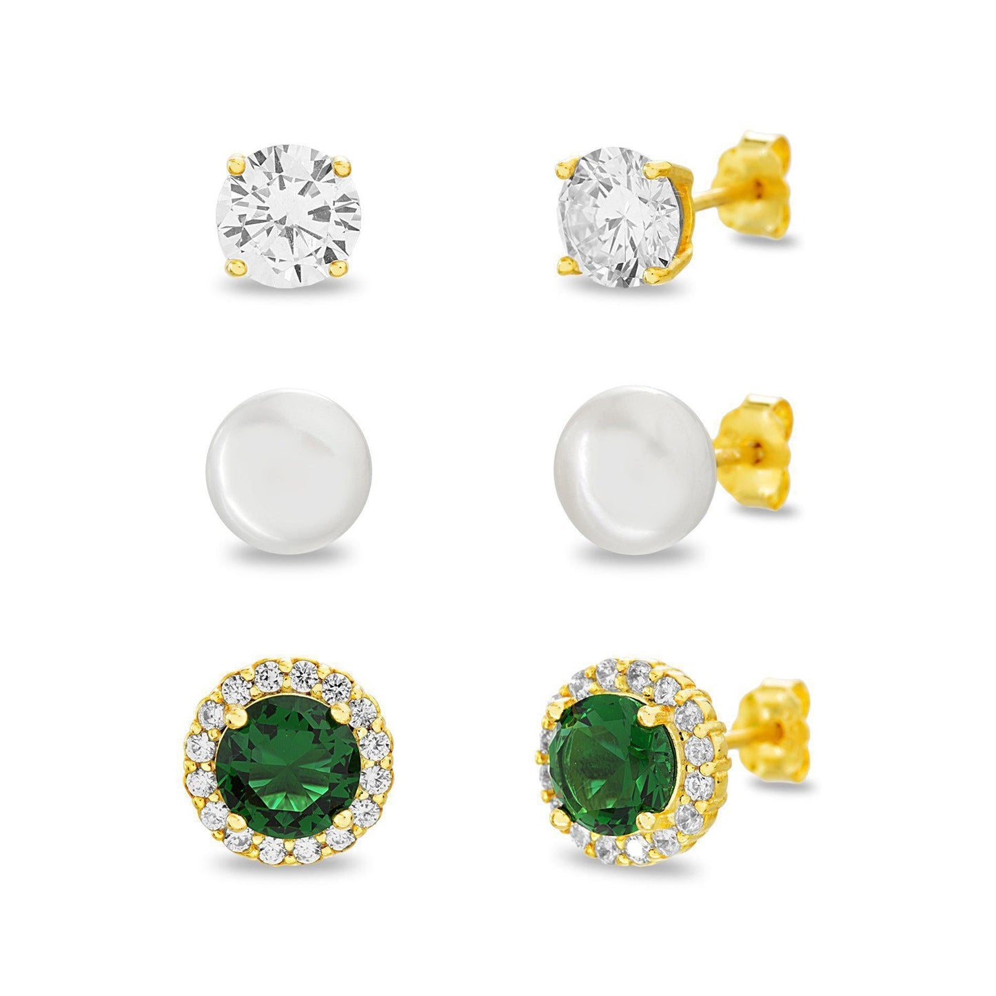 Sterling Silver Gold CZ/Pearl/Halo Trio Post Earring Set - Allyanna GiftsEARRINGS