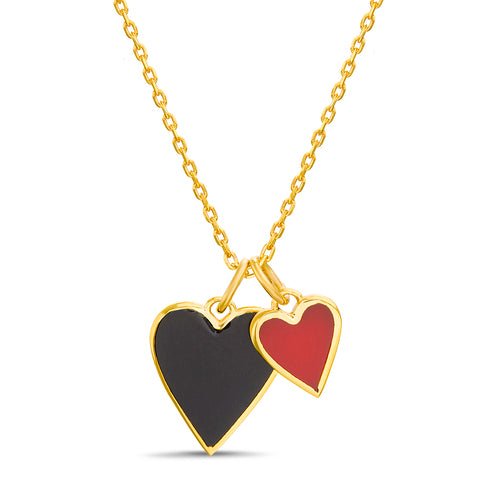 Sterling Silver Gold Plated Black and Red Enamel Two Heart Necklace - Allyanna Gifts