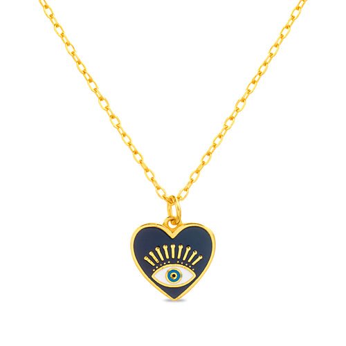 Sterling Silver Gold Plated Black Enamel Heart w/ Evil Eye - Allyanna Gifts