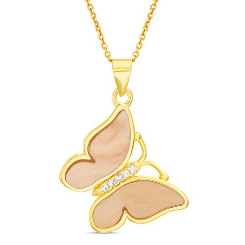 Sterling Silver Gold Plated Champaign Mother of Pearl Butterfly Pendant Necklace - Allyanna Gifts