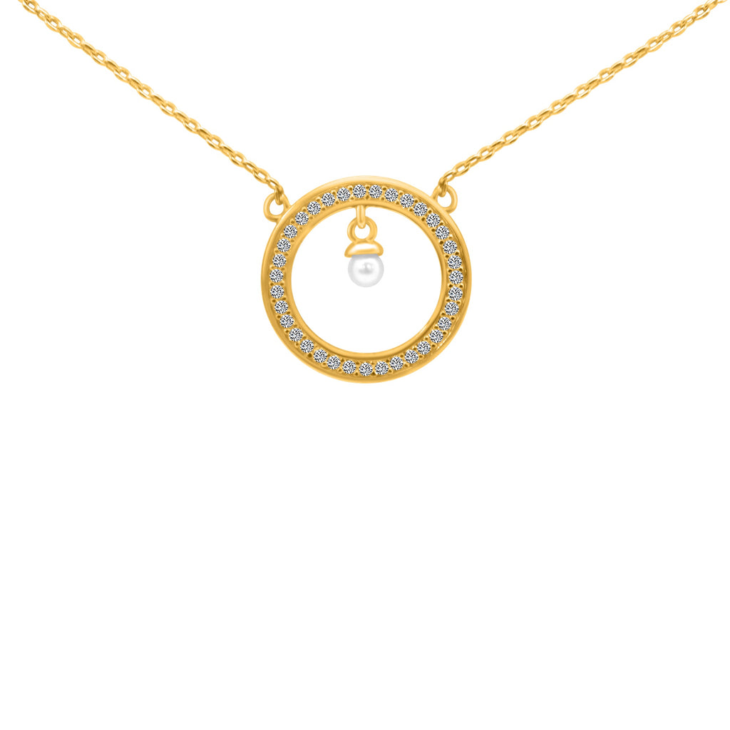 Sterling Silver Gold Plated Circle CZ Dangle Pearl Necklace - Allyanna Gifts