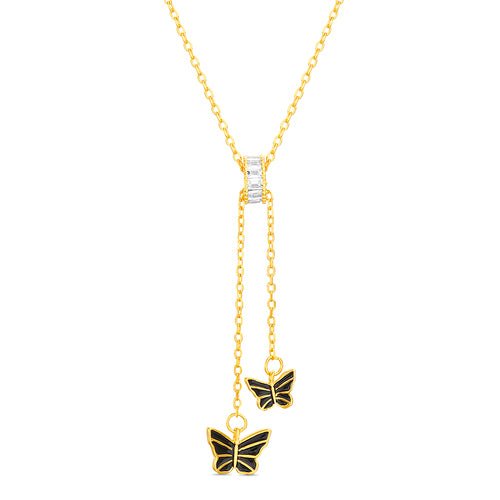 Sterling Silver Gold Plated CZ Baguette Rondelle W/ Black Enameled Butterfly Dangle Necklace - Allyanna Gifts