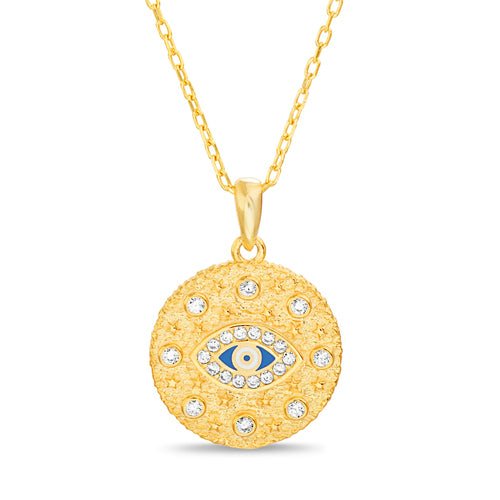 Sterling Silver Gold Plated CZ Evil Eye Round Pendant on Cable Chain - Allyanna Gifts