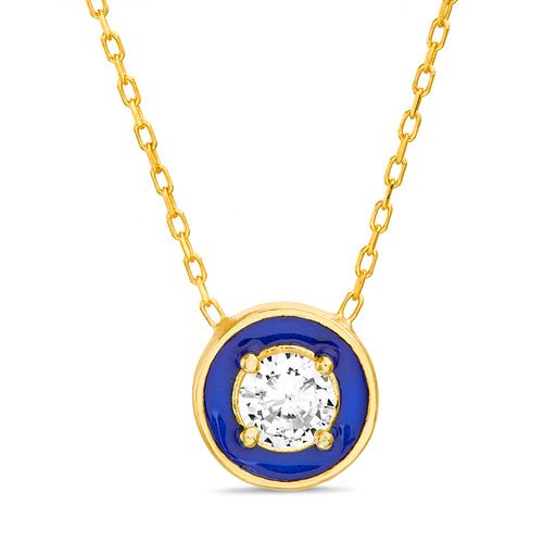 Sterling Silver Gold Plated CZ Prong/Blue Enamel Round Necklace - Allyanna Gifts
