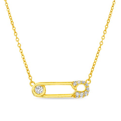 Sterling Silver Gold Plated CZ Safety Pin Necklace - Allyanna Gifts