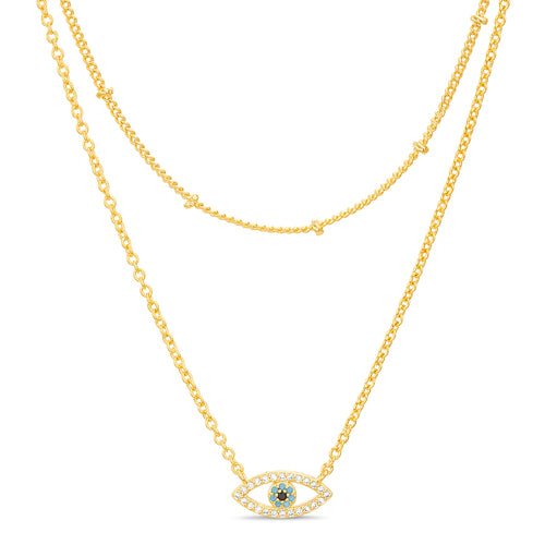Sterling Silver Gold Plated Double Layered Evil Eye Station Necklace - Allyanna Gifts