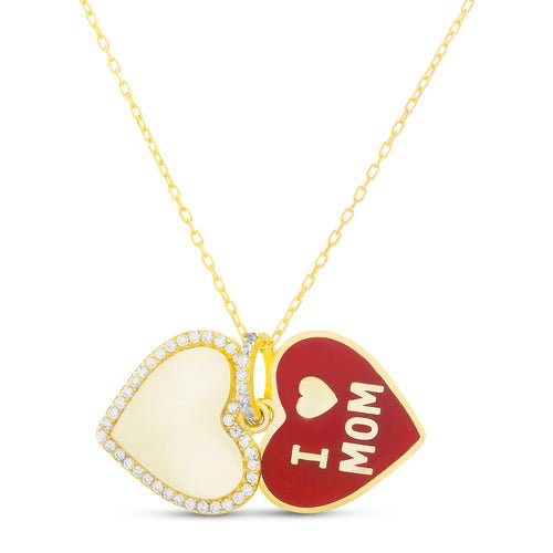 Sterling Silver Gold Plated Enamel/CZ Heart Border w/ Slide Open "I <3 Mom" Dangle Necklace - Allyanna Gifts
