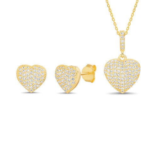 Sterling Silver Gold Plated Pave Heart Earring/Necklace Set - Allyanna Gifts