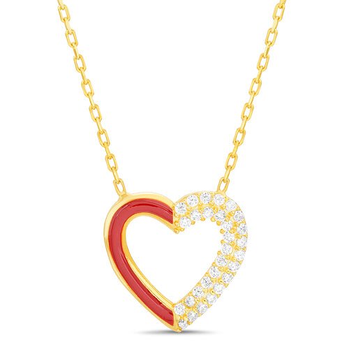 Sterling Silver Gold Plated Red Enamel Open Heart CZ Necklace - Allyanna Gifts