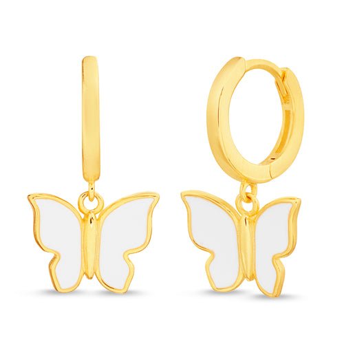 Sterling Silver Gold Plated White Enamel Dangle Butterfly Earrings - Allyanna GiftsEARRINGS