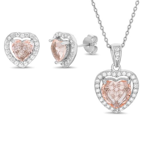 Sterling Silver Heart Morganite CZ Halo Earring & Pendant Set - Allyanna Gifts