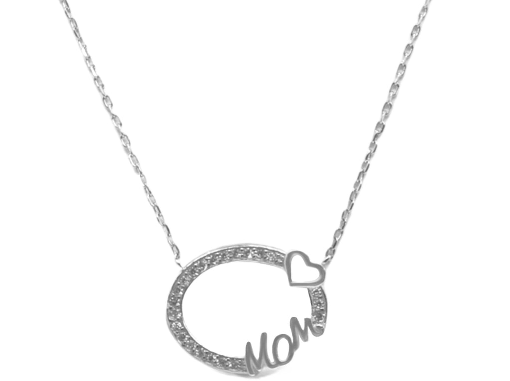 Sterling Silver Hollow CZ Oval W/ "MOM" & Heart Necklace - Allyanna GiftsNECKLACE