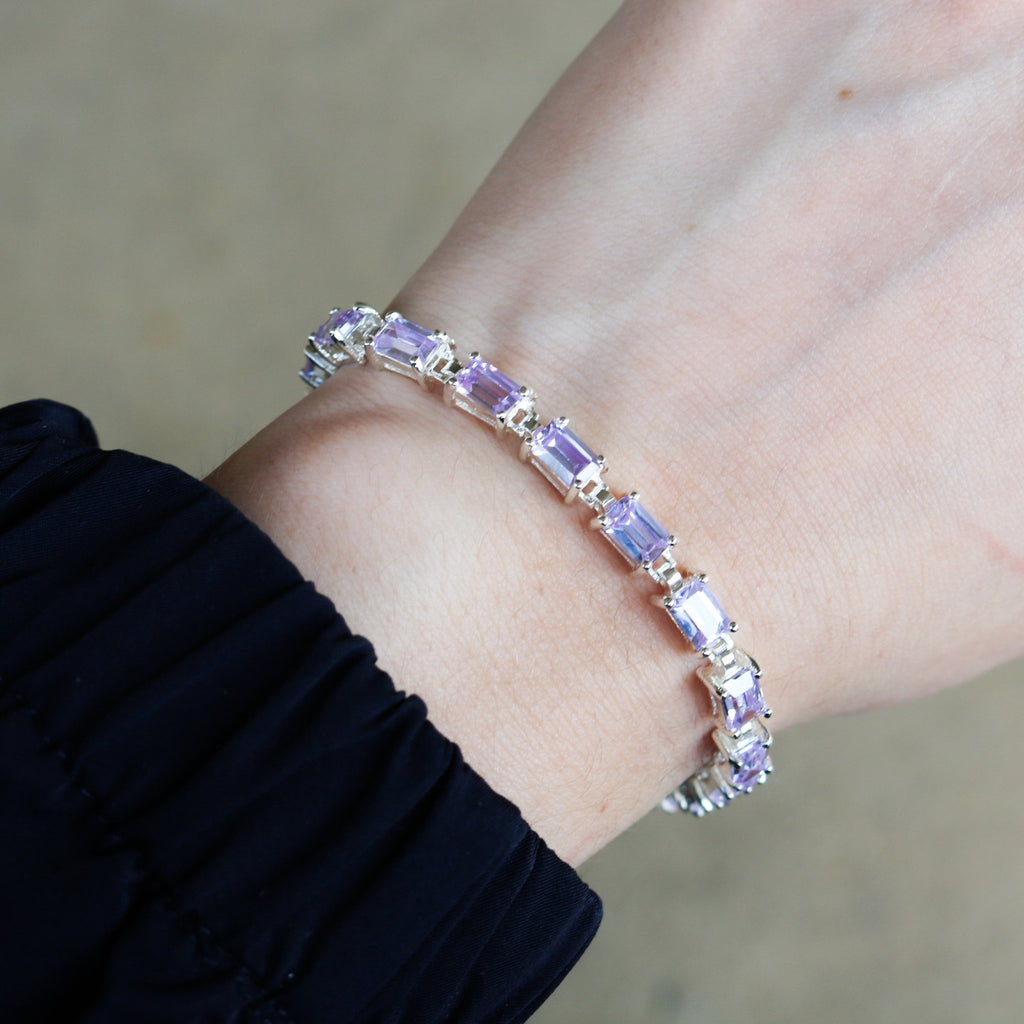 Sterling Silver Light Purple Rectangle CZ Link Bracelet - Allyanna GiftsBRACELETS
