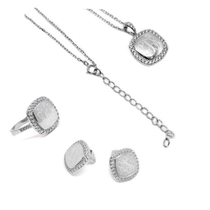 Sterling Silver Monogrammed CZ Square Necklace, Bracelet, and Earrings Set - Allyanna GiftsJEWELRY