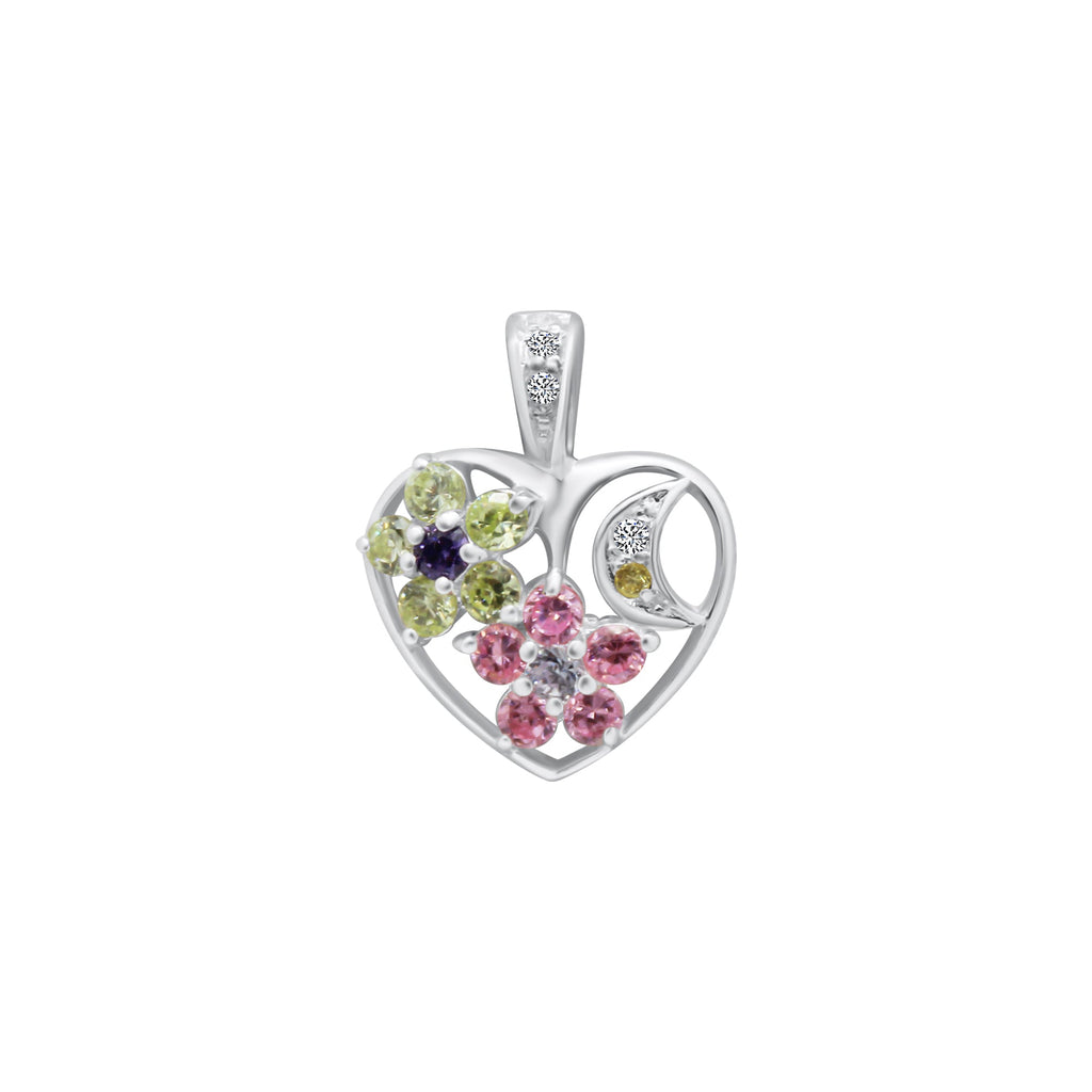 Sterling Silver Multi Color Flower and Crescent Moon Inside Heart Pendant - Allyanna GiftsPendant