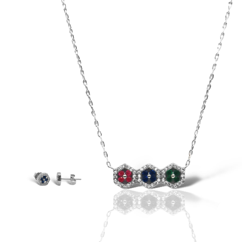 Sterling Silver Multi-Color Hexagon CZ Necklace/Earrings Set - Allyanna GiftsSETS