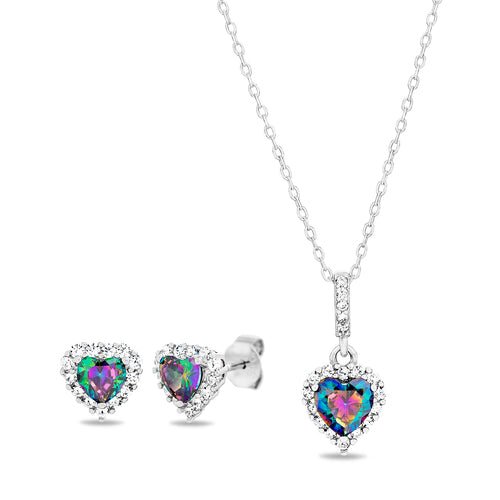 Sterling Silver Mystic Topaz CZ Heart Necklace/Earrings Set - Allyanna Gifts