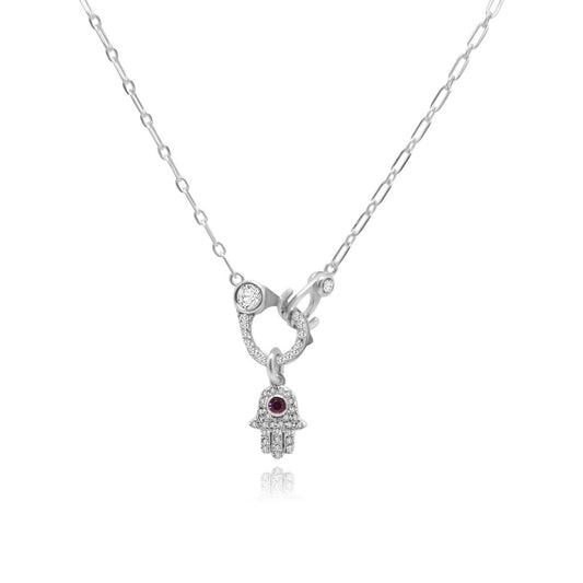 Sterling Silver Pave Evil Eye/Hamsa Paper Clip Chain Necklace - Allyanna Gifts