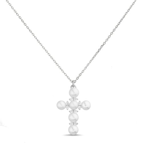 Sterling Silver Pearl & CZ Cross Necklace - Allyanna Gifts