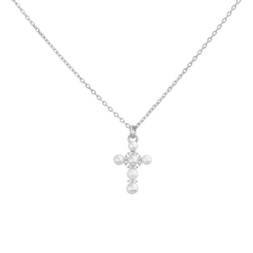 Sterling Silver Pearl & CZ Cross Necklace - Allyanna GiftsNECKLACE