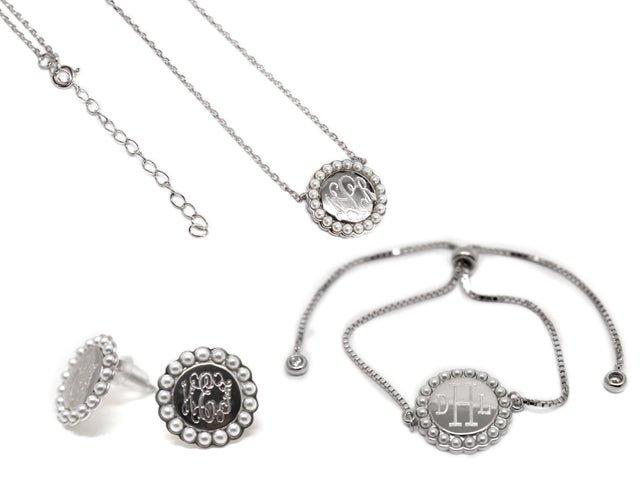 Sterling Silver Pearl Monogrammed Necklace, Bracelet, and Earrings Set - Allyanna GiftsJEWELRY