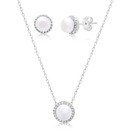 Sterling Silver Pearl W/ CZ Border Pendant/ Earring Set - Allyanna Gifts
