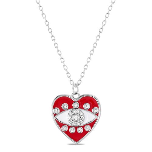 Sterling Silver Red Enamel Accent Heart Evil Eye Necklace - Allyanna Gifts