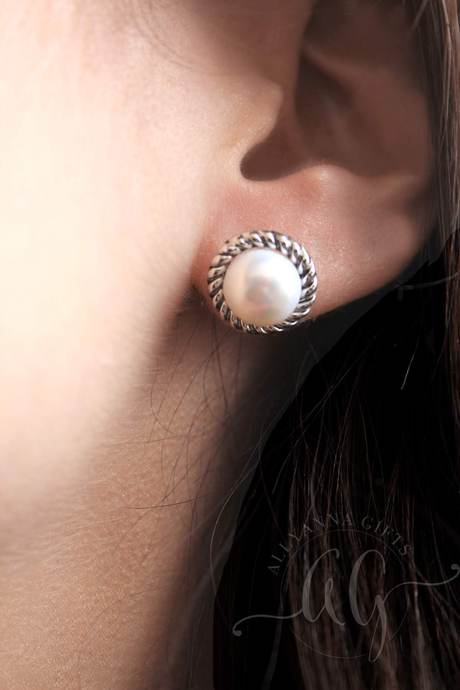 Sterling Silver Roped Pearl Earrings & Pendant Set - Allyanna GiftsMONOGRAM + ENGRAVING