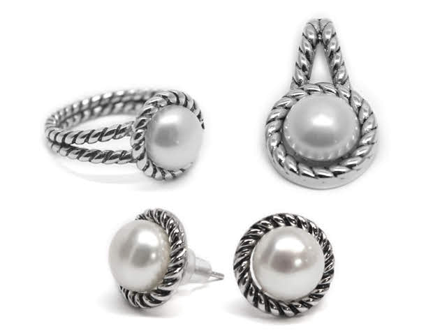 Sterling Silver Roped Pearl Necklace, Ring, & Earrings Set - Allyanna GiftsMONOGRAM + ENGRAVING