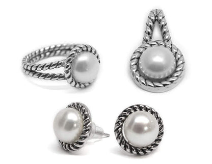 Sterling Silver Roped Pearl Necklace, Ring, & Earrings Set - Allyanna GiftsMONOGRAM + ENGRAVING