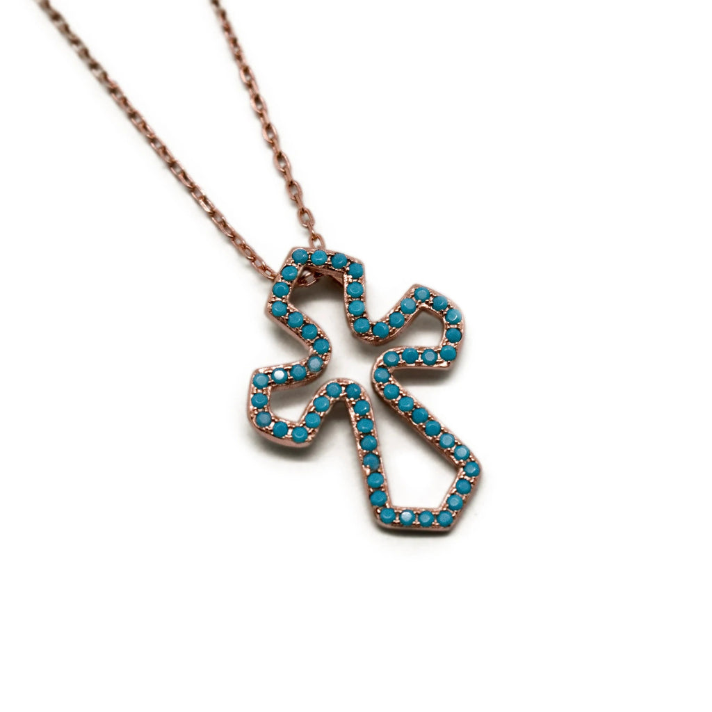 Sterling Silver Rose Gold Plated Blue Stone Cross Necklace - Allyanna Gifts