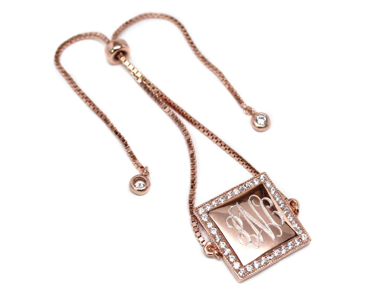 Sterling Silver Rose Gold Square Engravable CZ Tassel Bracelet - Allyanna GiftsMONOGRAM + ENGRAVING