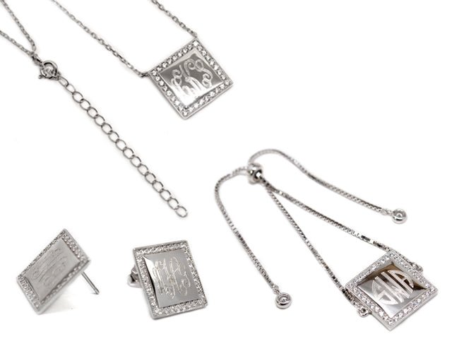 Sterling Silver Square Engravable CZ Necklace, Bracelet, and Earrings Set - Allyanna GiftsJEWELRY
