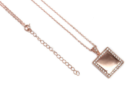 Sterling Silver Square Engravable CZ Necklace with Bell - Allyanna GiftsMONOGRAM + ENGRAVING