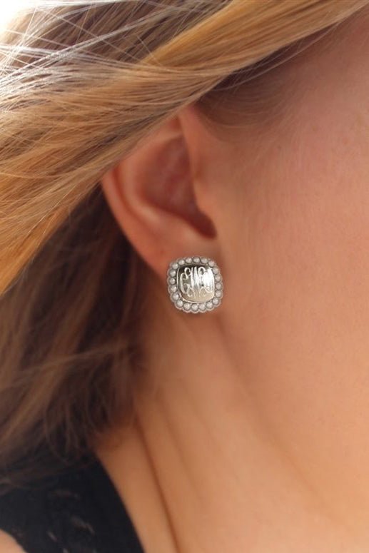 Sterling Silver Square Monogrammed Pearl Earrings - Allyanna GiftsMONOGRAM + ENGRAVING