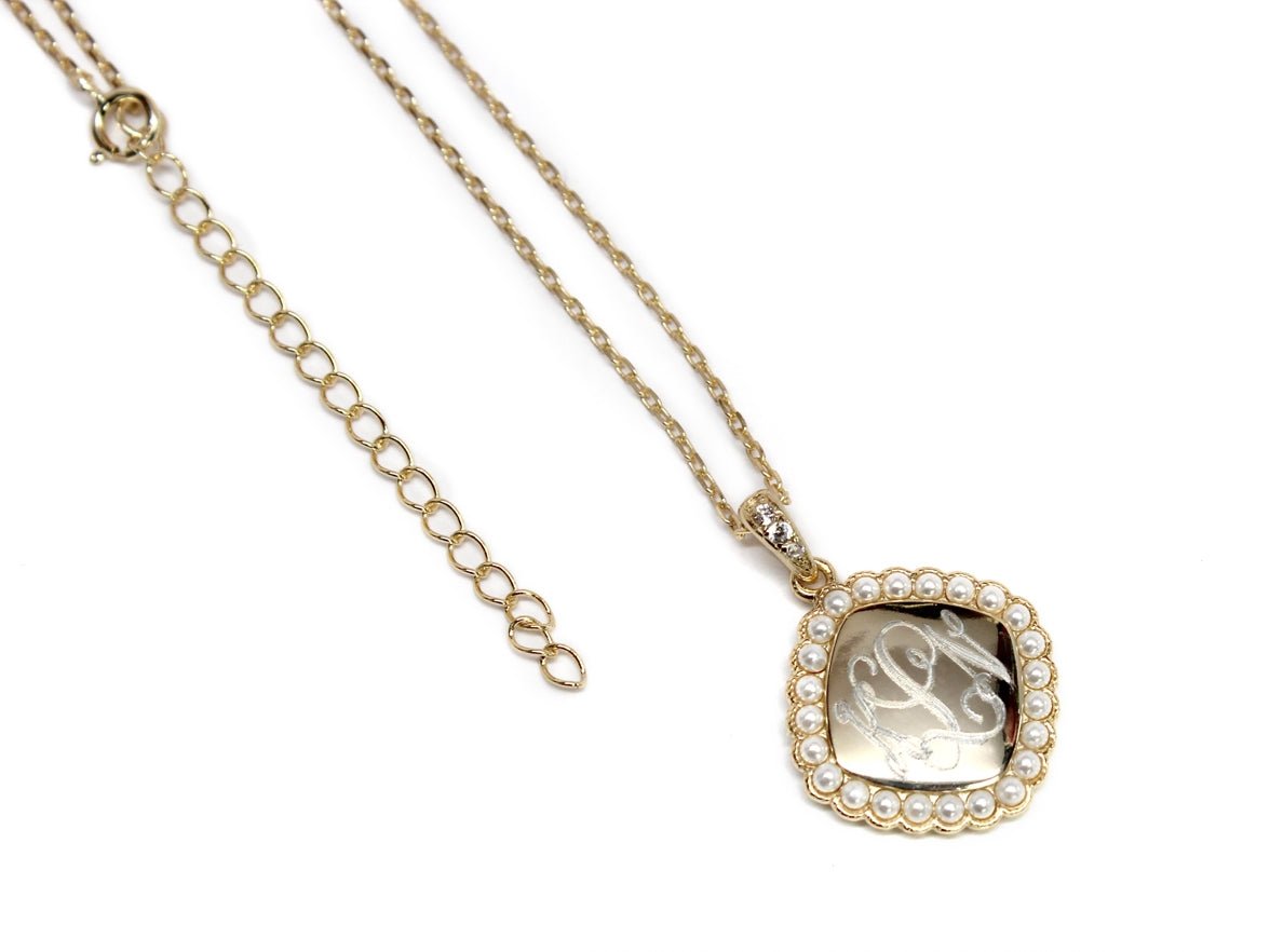 Sterling Silver Square Monogrammed Pearl Necklace - Allyanna GiftsMONOGRAM + ENGRAVING