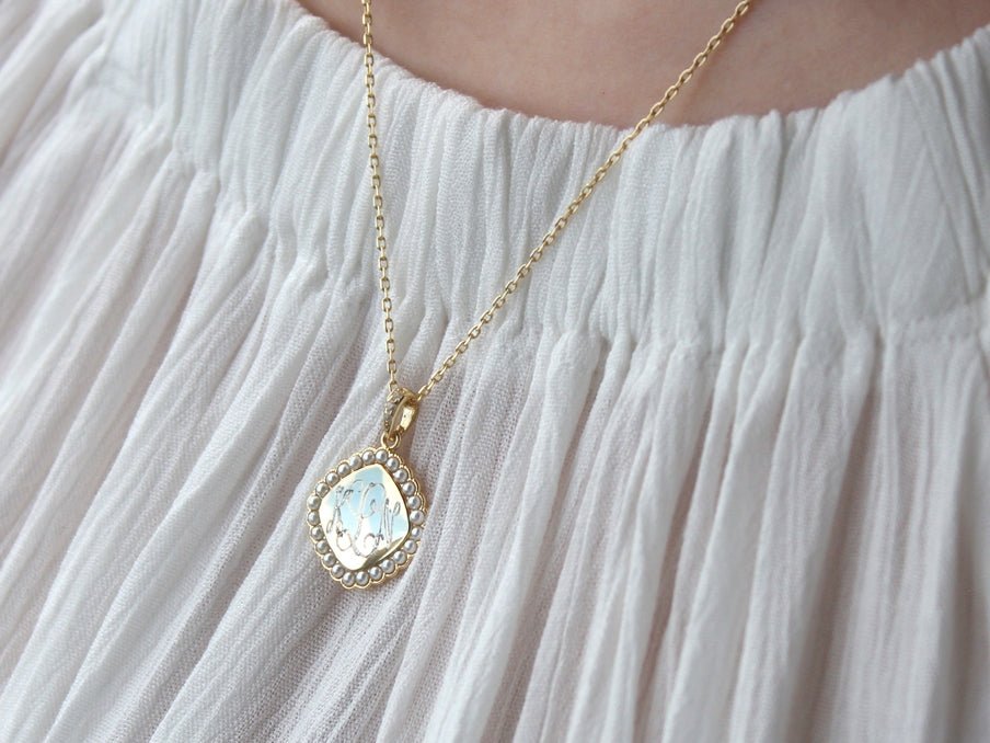 Sterling Silver Square Monogrammed Pearl Necklace - Allyanna GiftsMONOGRAM + ENGRAVING