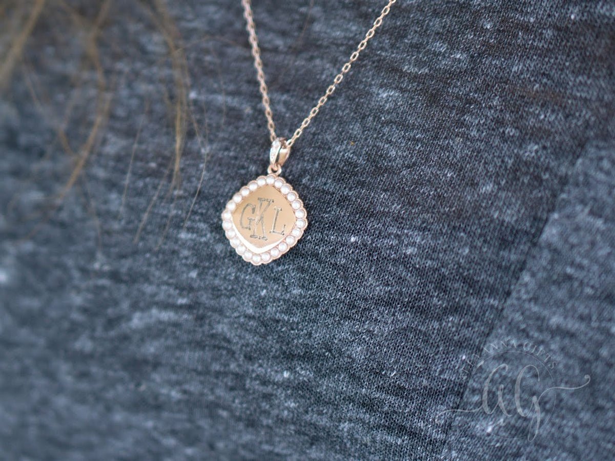Sterling Silver Square Monogrammed Pearl Necklace - Allyanna GiftsMONOGRAM + ENGRAVING