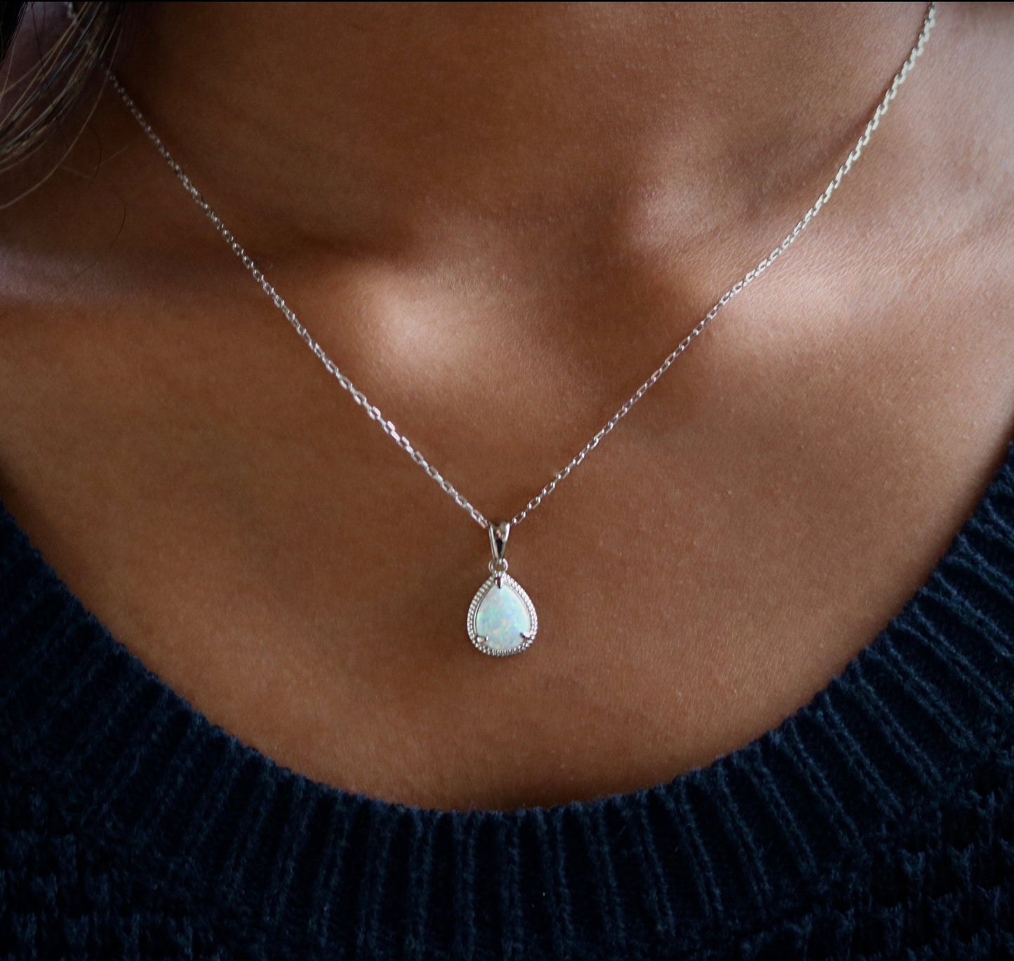Sterling Silver Teardrop Opal Necklace - Allyanna Gifts