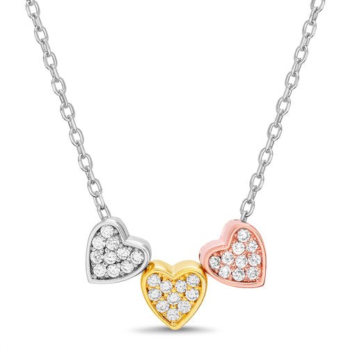 Sterling Silver Tri Color Pave Heart Dangle Necklace - Allyanna GiftsNECKLACE