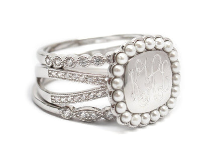 Triple Band Pearl Ring - Allyanna GiftsMONOGRAM + ENGRAVING